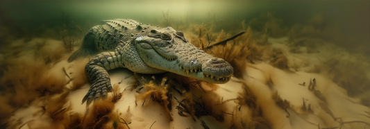 Image of a Crocodile underwater lying on a riverbed (166,7 x 58,2 Inches)