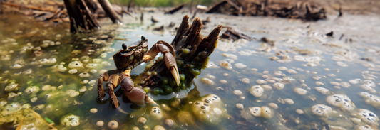 Image of a crab resting on a dead tree-stump (165,4 x 56,9 Inches)