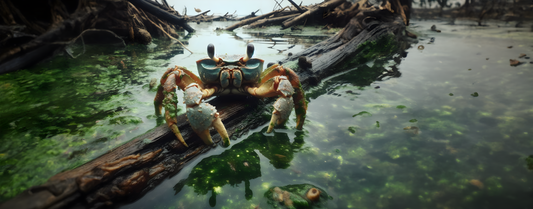 Image of a Crab covered in algae resting on a tree stump (144,9 x 56,9 Inches)